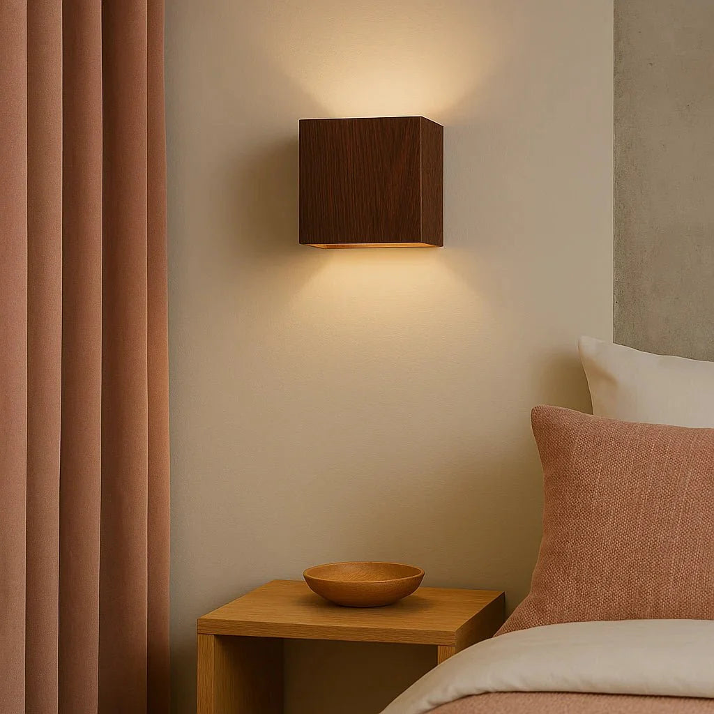 LuxRoyale Modern Wooden Cube Wall Sconce Light - Warm Natural Oak Finish