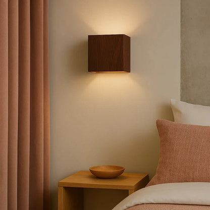LuxRoyale Modern Wooden Cube Wall Sconce Light - Warm Natural Oak Finish