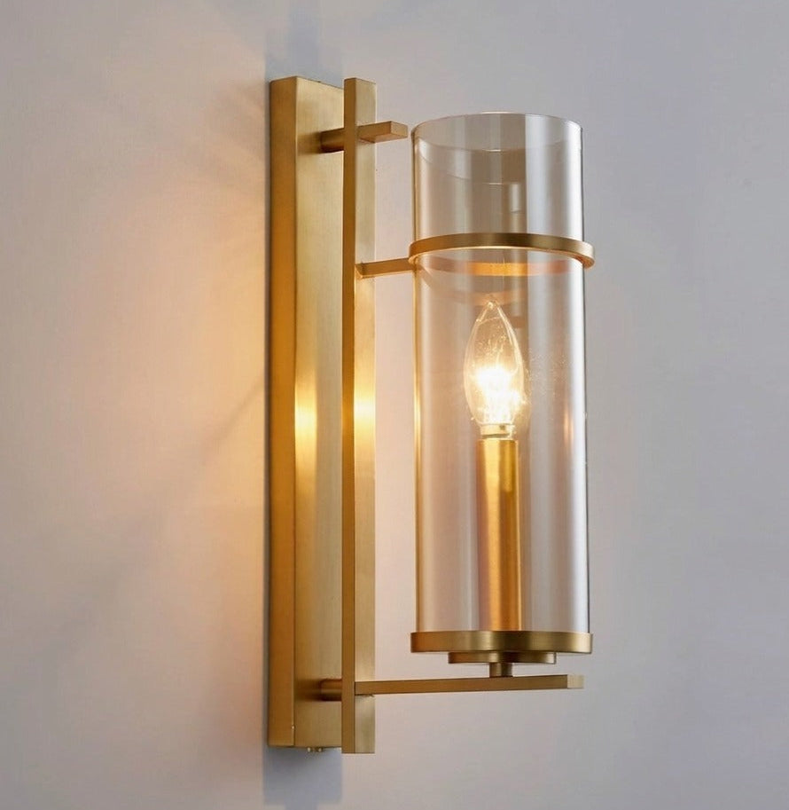RoyaleGlow Farmhouse Brass Wall Sconce with Clear Cylinder Glass Shade - Royale Basic