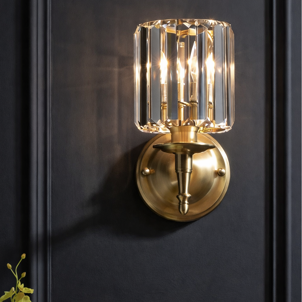 LuxRoyale Vintage Crystal Wall Sconce with Brass Backplate for Bedroom & Living Room