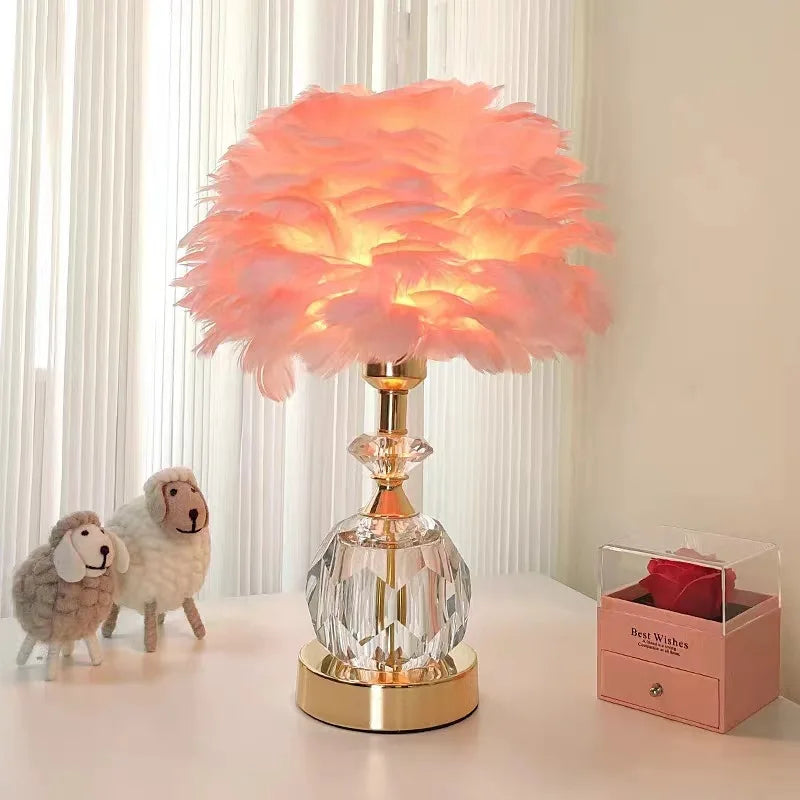 Crystal Desk Lamp LED Handmade Feather Desk Lamp - Nordic Bedroom Decor - Ivory