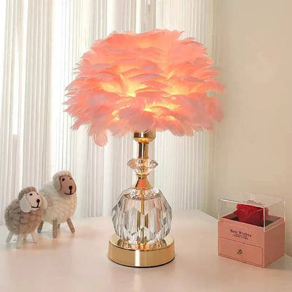Crystal Desk Lamp LED Handmade Feather Desk Lamp - Nordic Bedroom Decor - Ivory