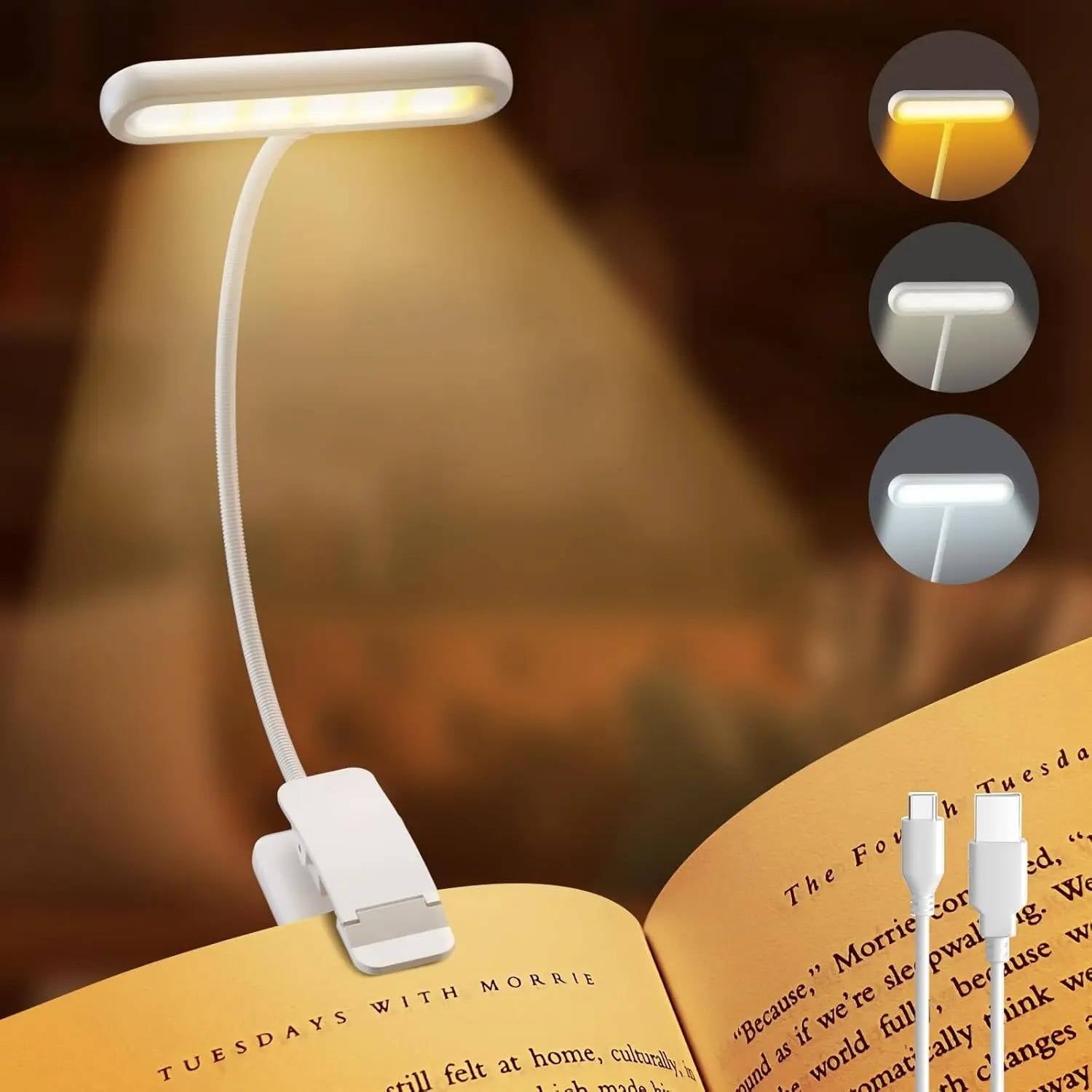Clip-On Reading Light for Books – 19 LED Beads, 3 Color Modes, 10 Brightness Levels, USB-C Rechargeable with 360° Flexible Neck & 80-Hour Battery