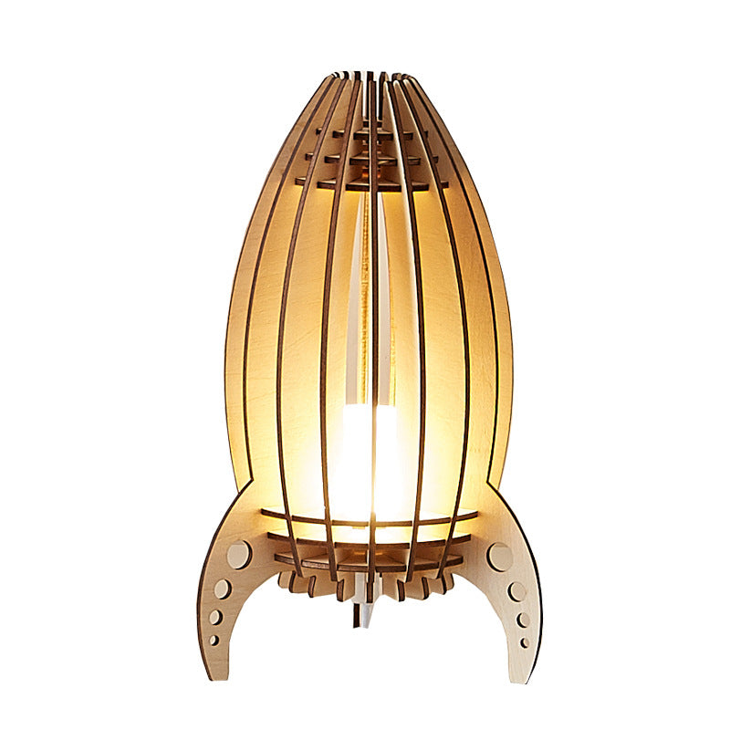 Wooden Rocket Shaped Bedside Night Lamp with Dimmable LED Light - Button