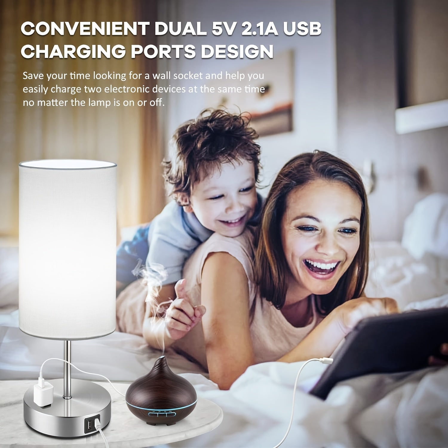 Bed Side Charging Lamp - Touch Control, USB Charging & AC Outlet, Dimmable - Silvery