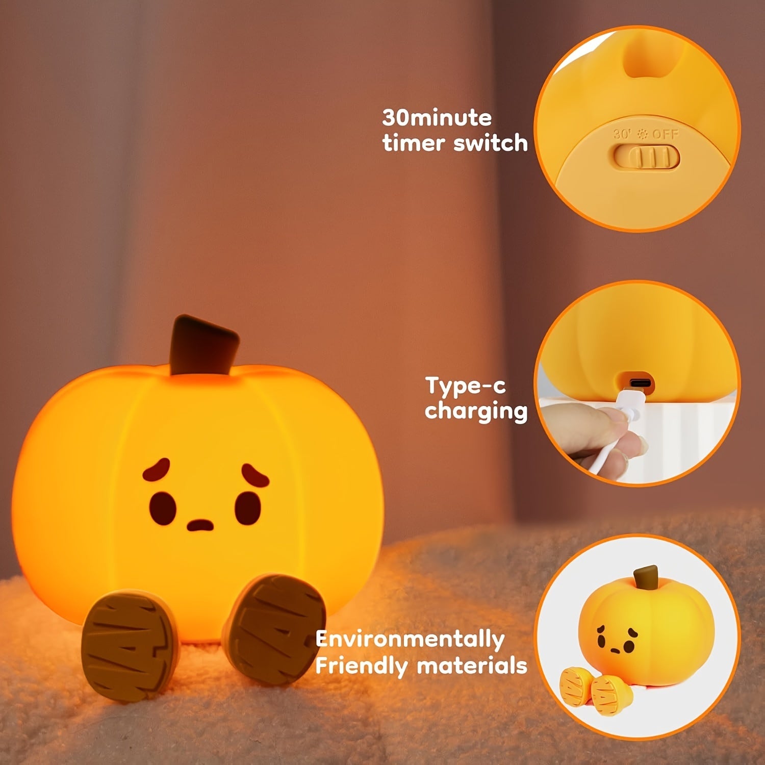 Pumpkin Night Light - Silicone Rechargeable 3-Level Dimmable Lamp for Bedside & Party Decoration, Perfect for Halloween, Christmas, Birthday Gifts - Default Title