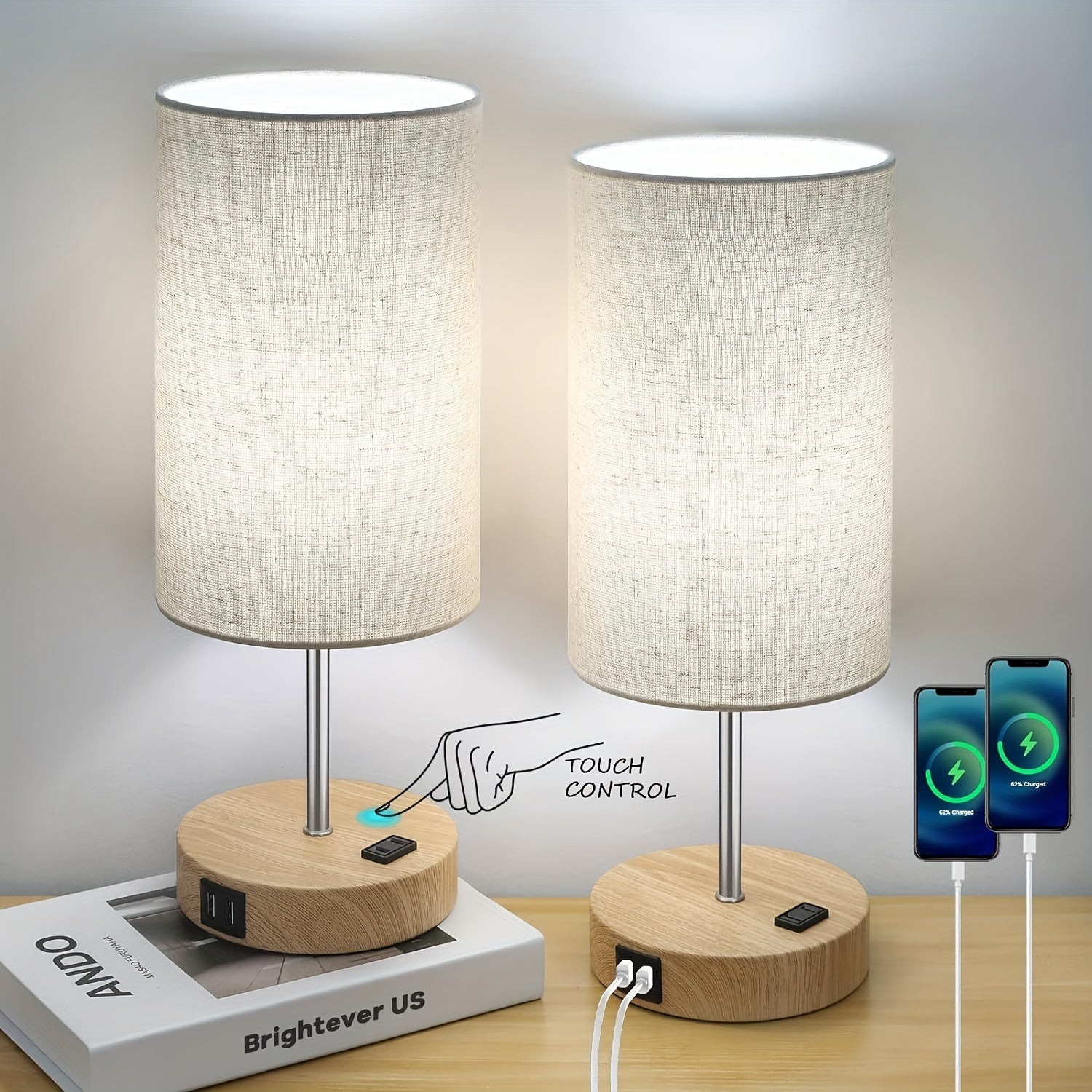 Bed Side Charging Lamp - Touch Control, USB Charging & AC Outlet, Dimmable - Grey