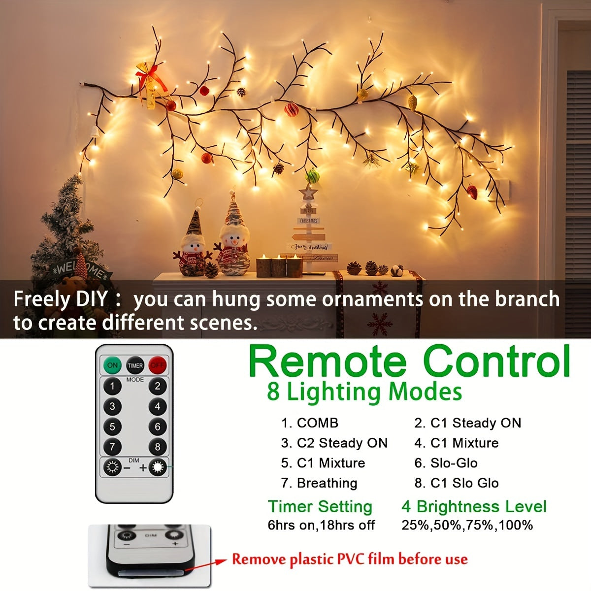 Christmas Vine Tree Lamp - 72/96 LED, 8 Lighting Modes, USB Plug-in, 4.7/6ft - 4.7ft