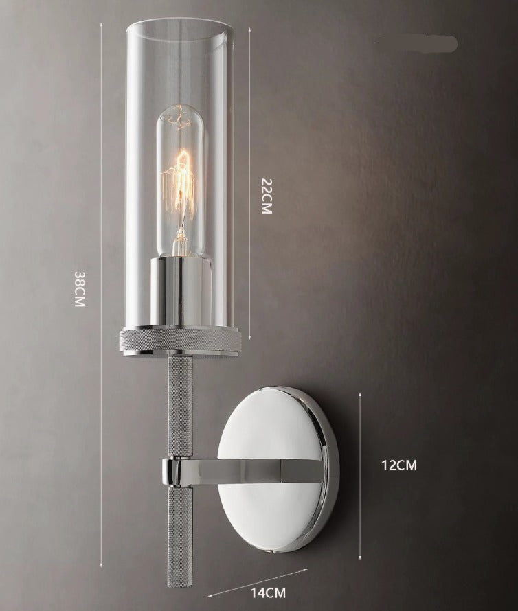 RoyaleGlow Farmhouse Brass Wall Sconce with Clear Cylinder Glass Shade - Royale Basic