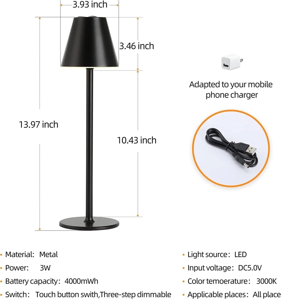 Rayvia Cordless Touch LED Bedside Lamp – Rechargeable & Dimmable Lighting - Black