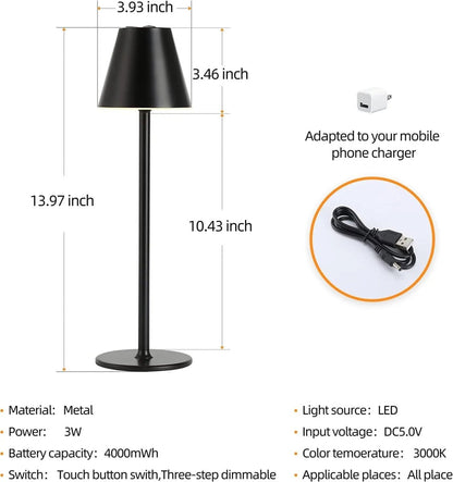 Rayvia Cordless Touch LED Bedside Lamp – Rechargeable & Dimmable Lighting - Black