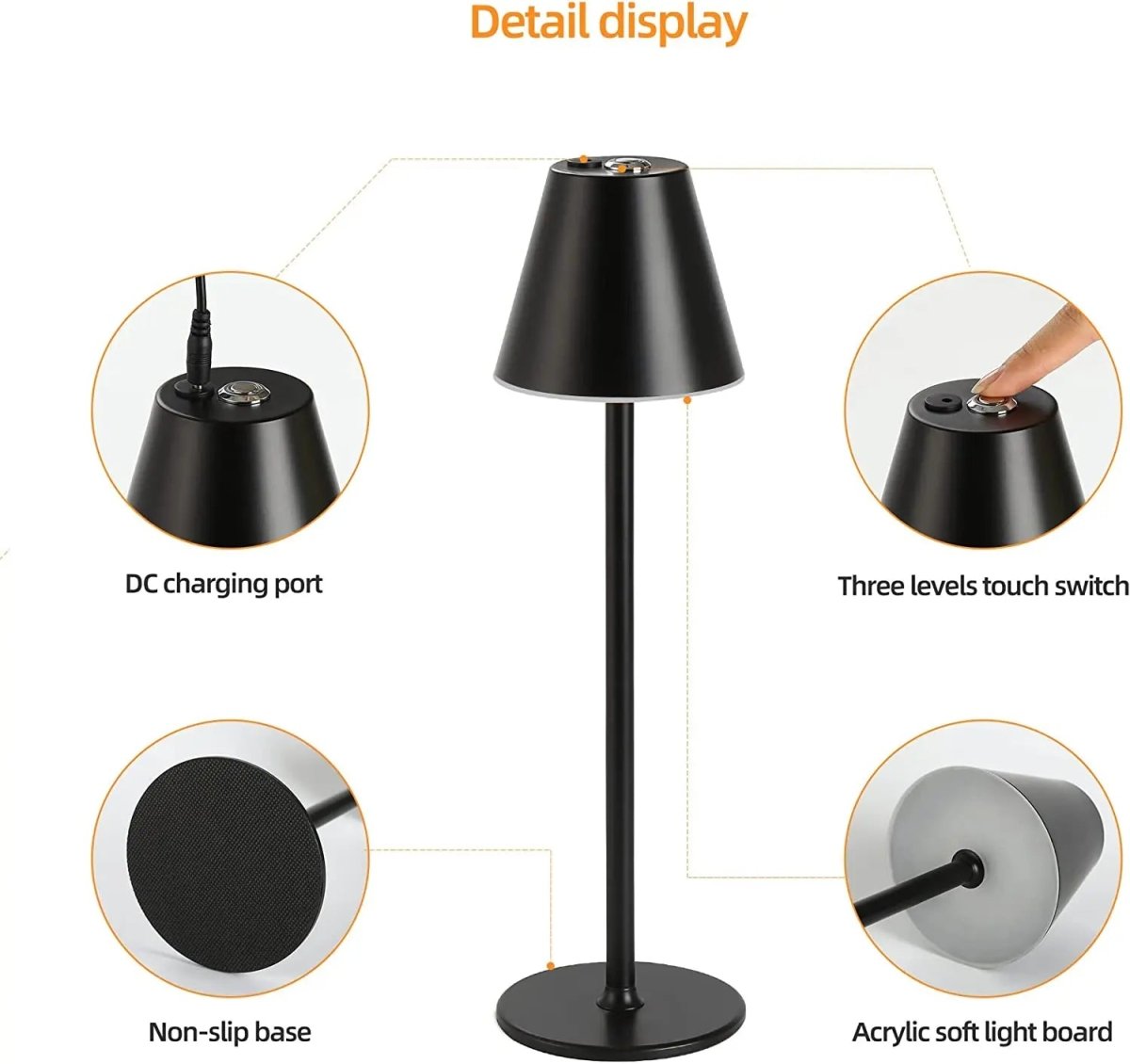 Rayvia Cordless Touch LED Bedside Lamp – Rechargeable & Dimmable Lighting - Black