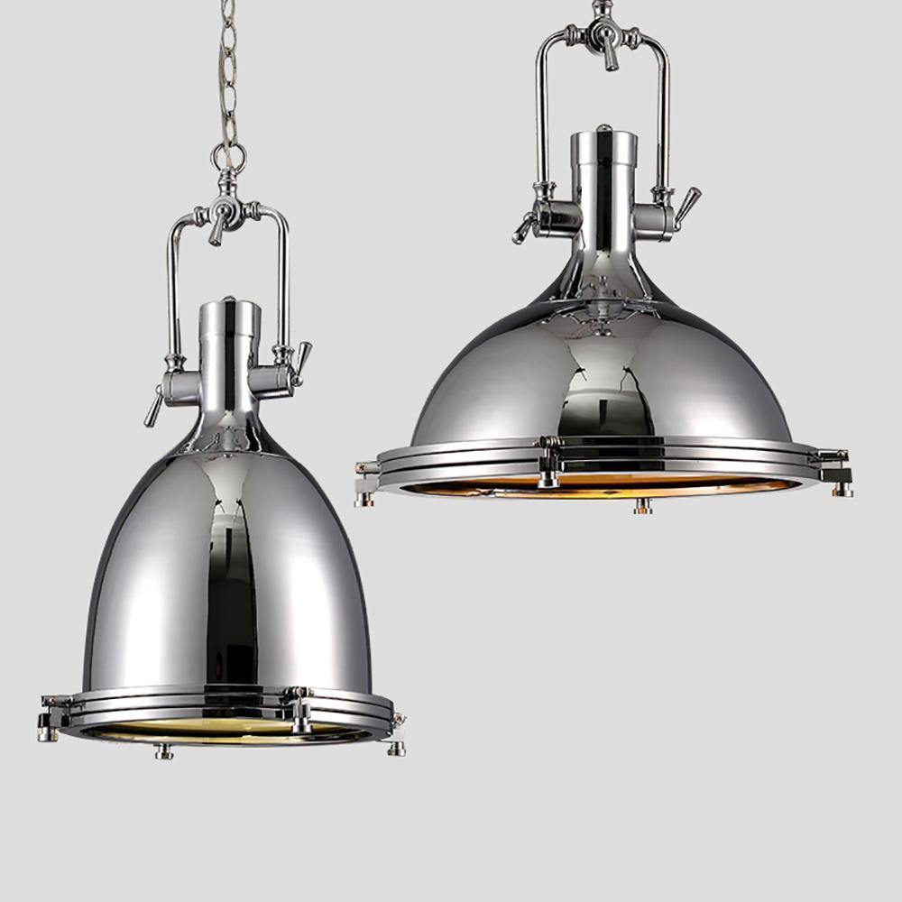 LuxRoyale Industrial Farmhouse Pendant Light - Polished Chrome Metal Dome Shade