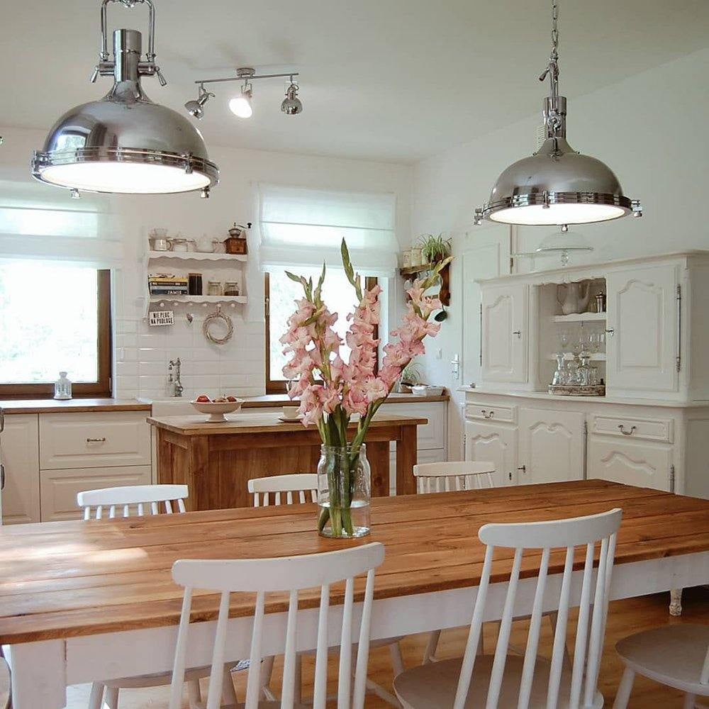 LuxRoyale Industrial Farmhouse Pendant Light - Polished Chrome Metal Dome Shade