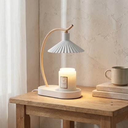 LuxRoyale Dimmable Candle Warmer Lamp with Timer, Wood Base & Pleated Shade