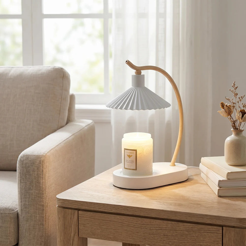 LuxRoyale Dimmable Candle Warmer Lamp with Timer, Wood Base & Pleated Shade