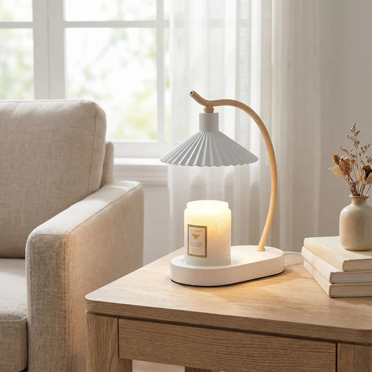 LuxRoyale Dimmable Candle Warmer Lamp with Timer, Wood Base & Pleated Shade