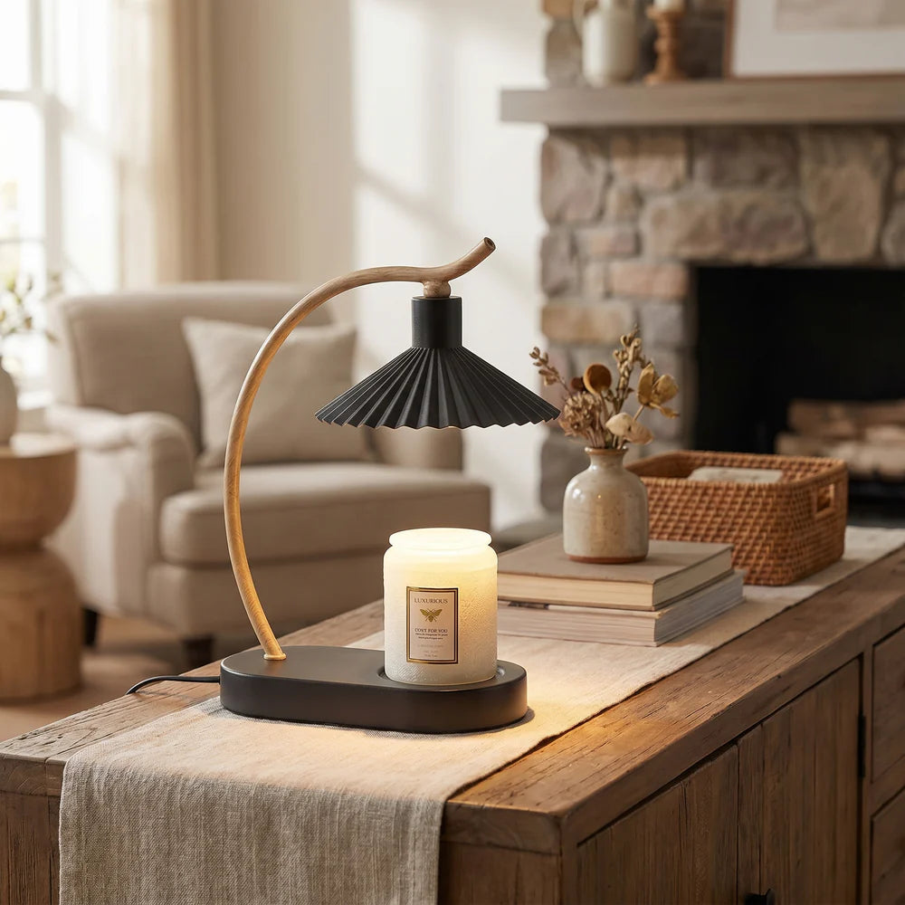 LuxRoyale Dimmable Candle Warmer Lamp with Timer, Wood Base & Pleated Shade