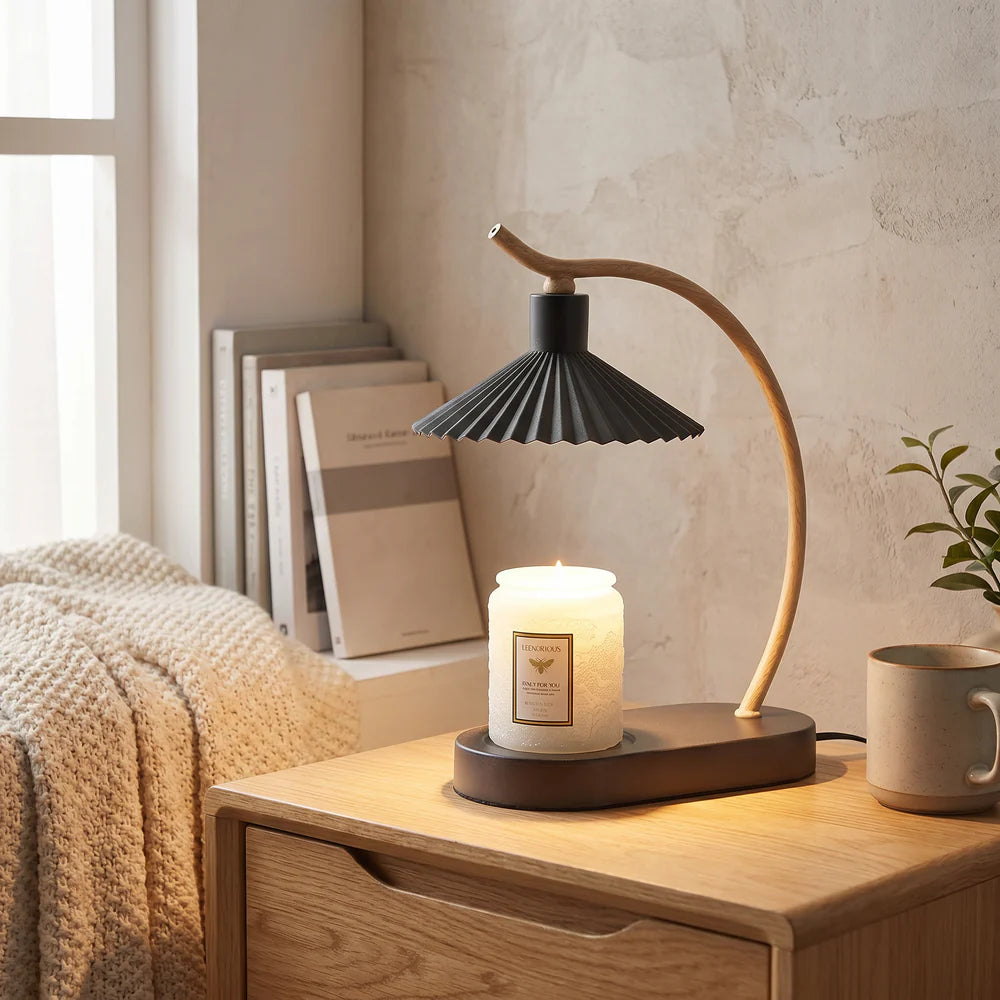 LuxRoyale Dimmable Candle Warmer Lamp with Timer, Wood Base & Pleated Shade