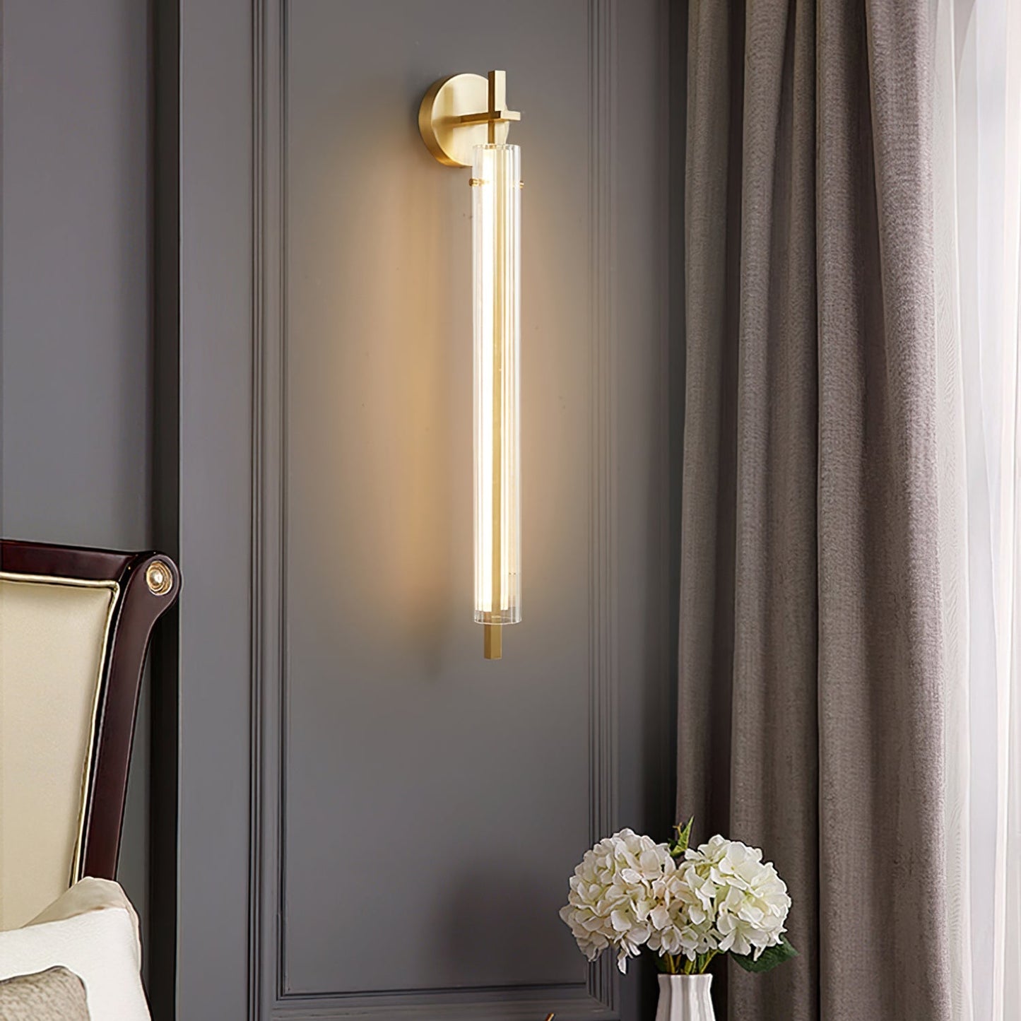 LuxRoyale Brass Wall Lamp With Clear Glass Tube, Dimmable Sconce For Living Room, Premium Luxury Glow