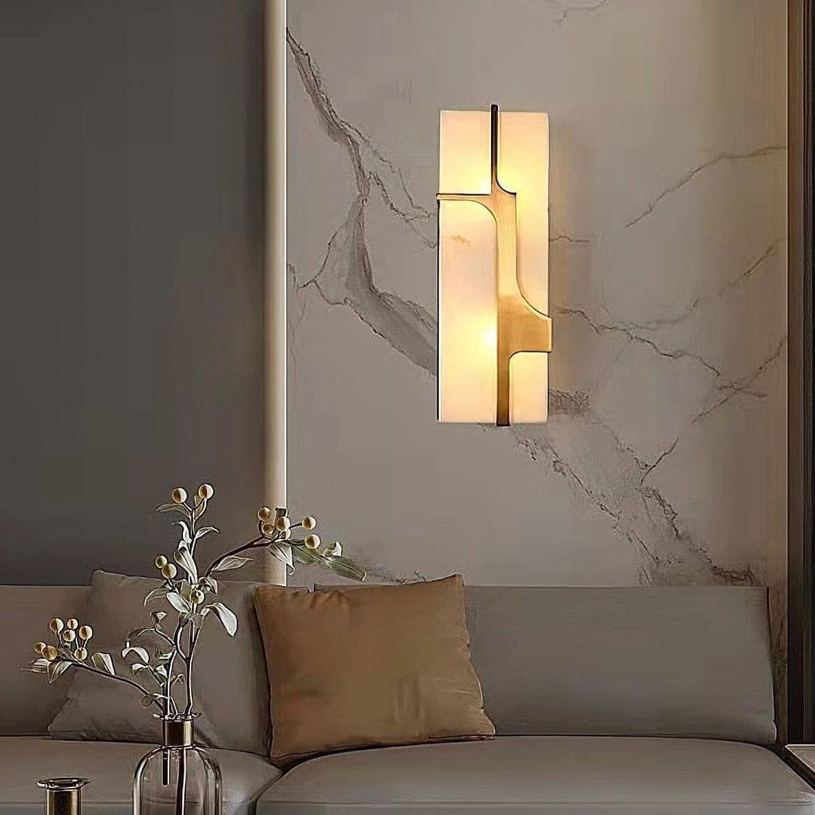LuxRoyale Ariel Alabaster Wall Lamp With Brass Frame For Modern Living Rooms And Hallways