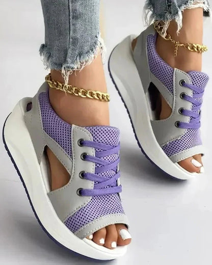Luxora Contrast Paneled Cutout Lace-up Muffin Sandals