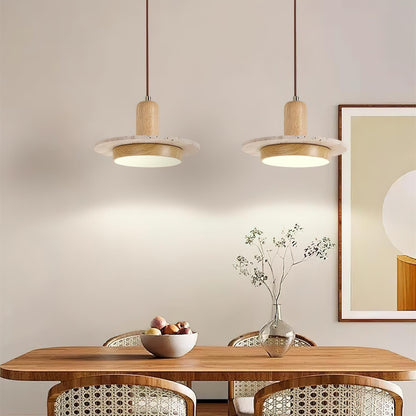RoyaleGlow Wabi Sabi Travertine Stone & Wood Pendant Light - Modern Minimalist Lighting
