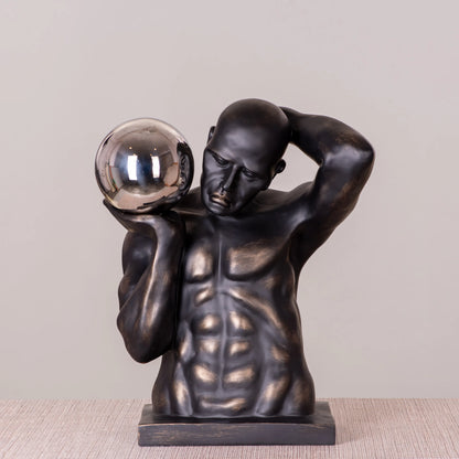 RoyaleGlow Bronze Atlas Sculpture with Silver Orb - Modern Abstract Human Figurine