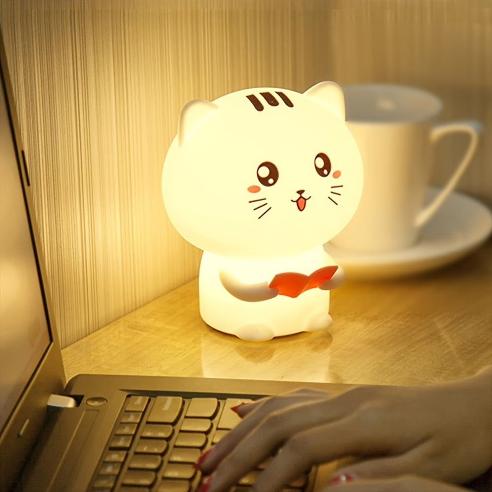 Kawaii Night Light - Cute Reading Kitty Silicone Lamp with 7 Color Changing Modes & USB Rechargeable Battery - Pink