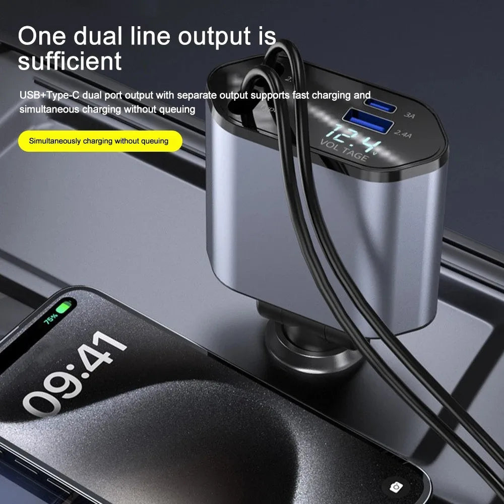Luxora 120W Retractable Car Charger with Dual USB Ports