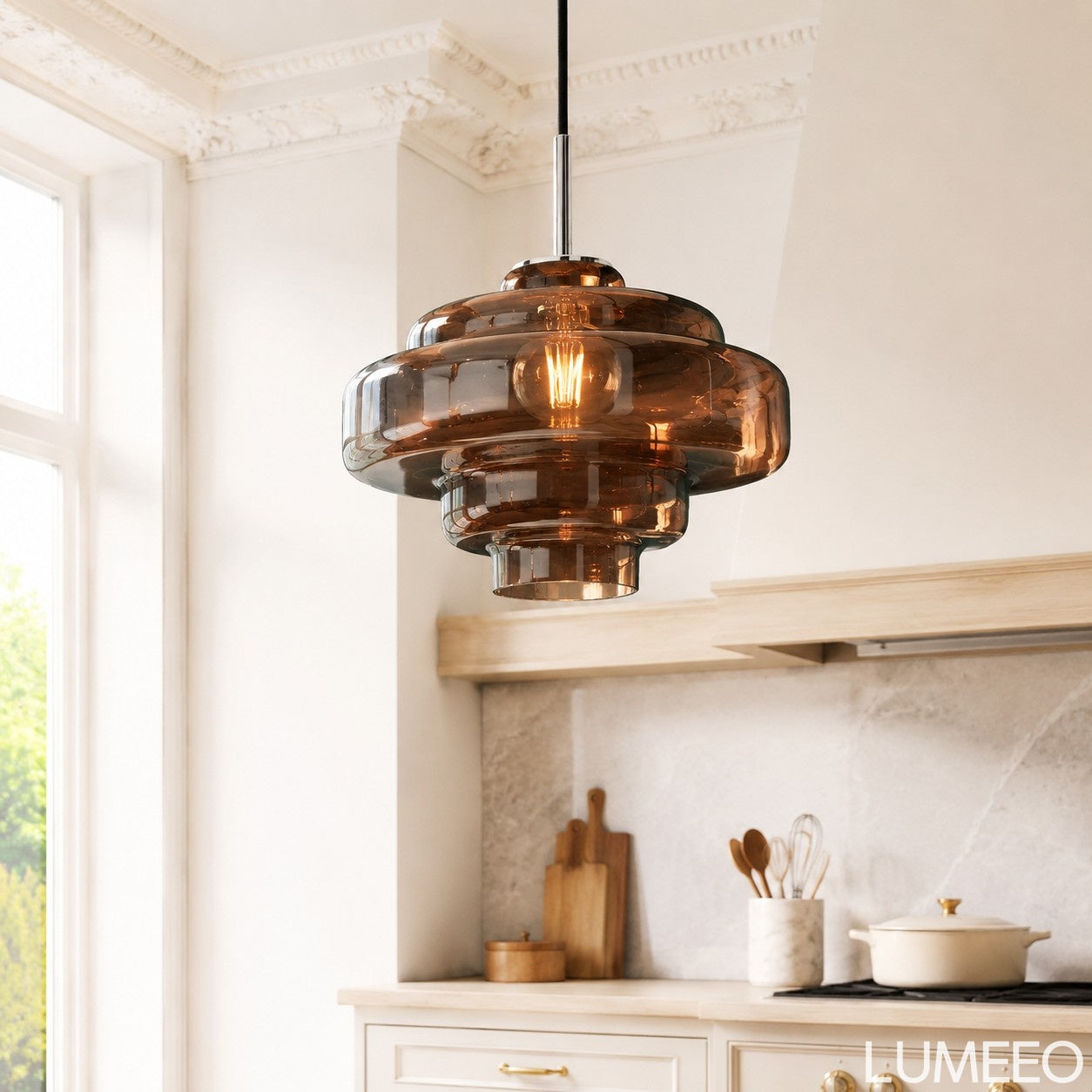 Royelux Modern Tiered Glass Pendant Light with Copper Accents
