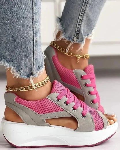 Luxora Contrast Paneled Cutout Lace-up Muffin Sandals