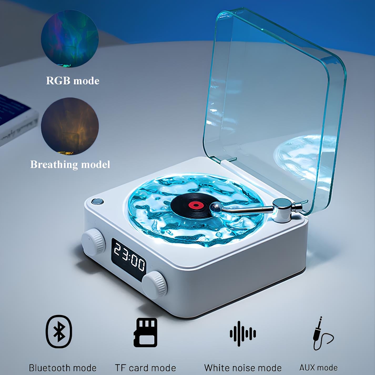 Royaleva Timeless Tunes Light - Vintage Record Player LED Lamp with Bluetooth & White Noise - White&Blue