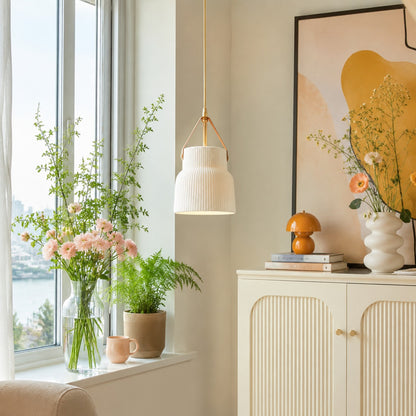 RoyaleGlow Nordic Ridged Ceramic Pendant Light with Faux Leather Strap