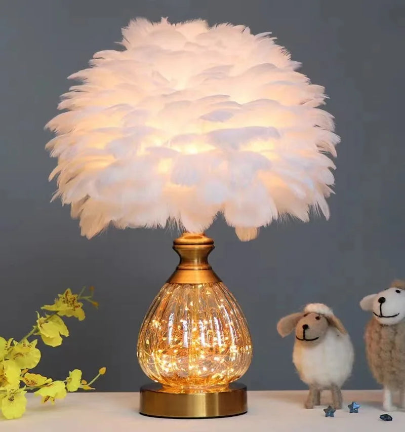 Crystal Desk Lamp LED Handmade Feather Desk Lamp - Nordic Bedroom Decor - Red