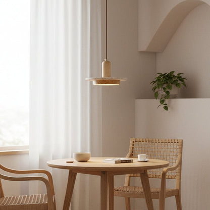 RoyaleGlow Wabi Sabi Travertine Stone & Wood Pendant Light - Modern Minimalist Lighting