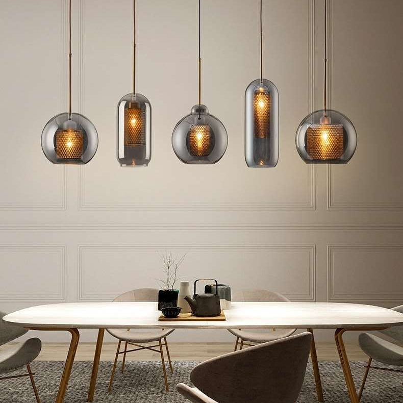 LuxRoyale Double-Layer Glass Pendant Light With Inner Mesh Core and Outer Glass Shade