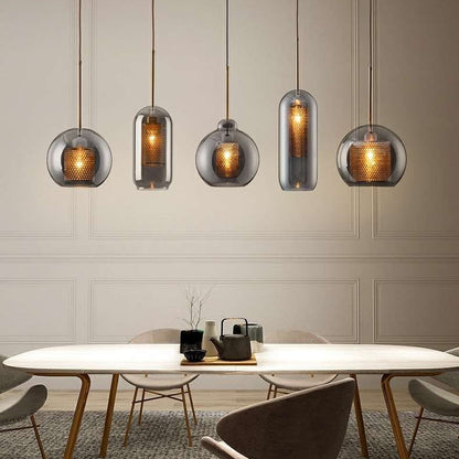 LuxRoyale Double-Layer Glass Pendant Light With Inner Mesh Core and Outer Glass Shade