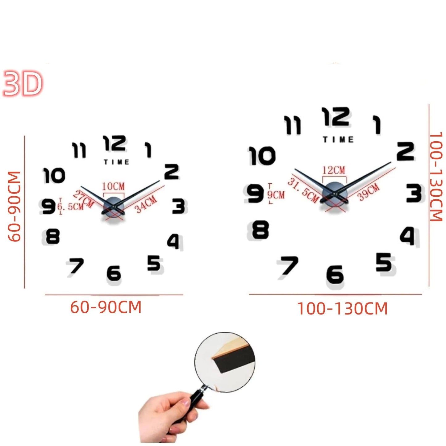 LuxRoyale Frameless Self-Adhesive 3D Wall Clock, Modern Minimalist DIY Decor