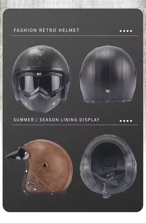 Royaleva Retro Vintage Motorcycle Helmet Open Face With Goggle Mask