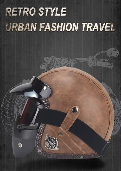 Royaleva Retro Vintage Motorcycle Helmet Open Face With Goggle Mask