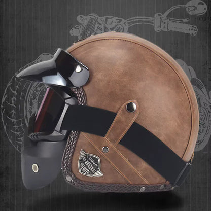 Rayvia Open Face Vintage Motorcycle Helmet With Goggle Mask - ABS Puncture Resistant