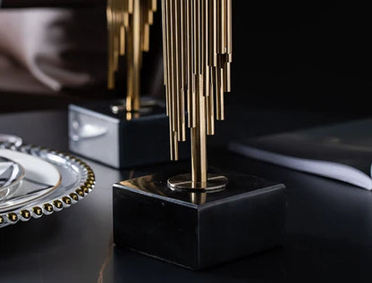 RoyaleGlow Modern Gold Metal Taper Candle Holder with Marble Base, Elegant Abstract Design