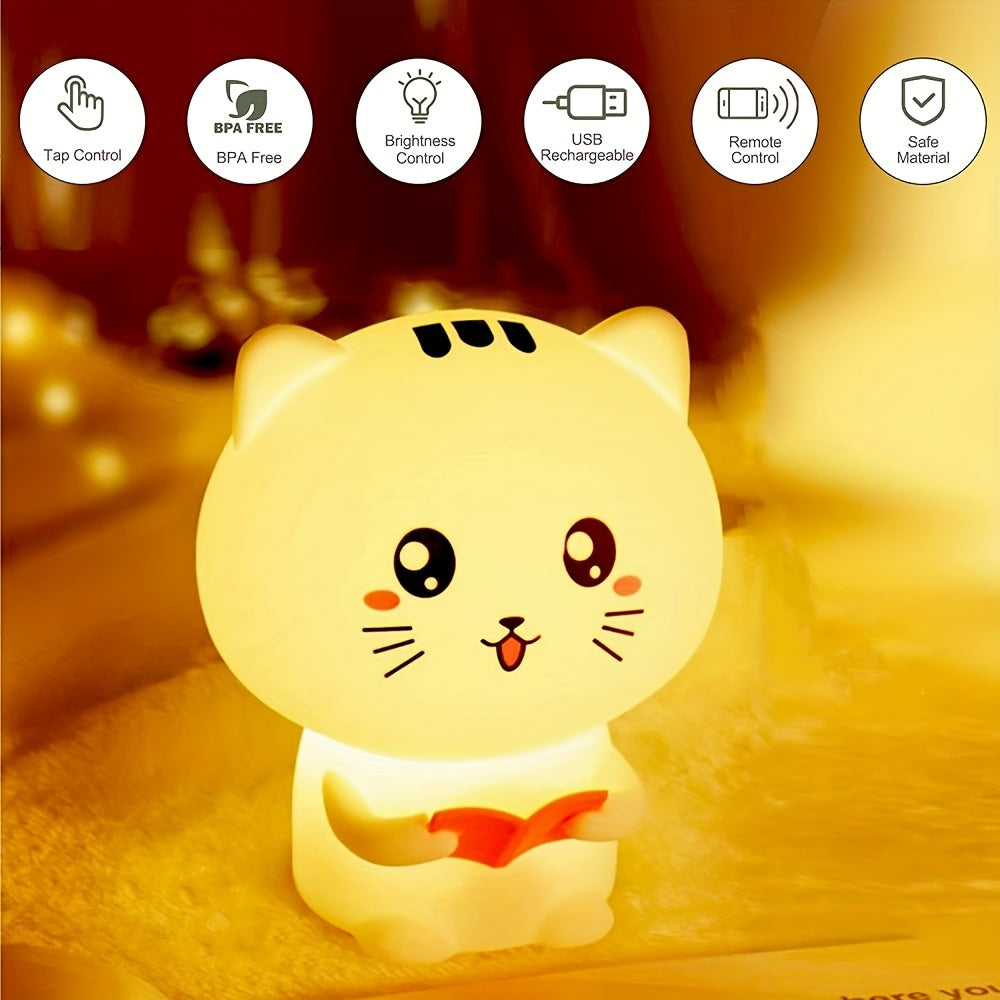 Kawaii Night Light - Cute Reading Kitty Silicone Lamp with 7 Color Changing Modes & USB Rechargeable Battery - Pink