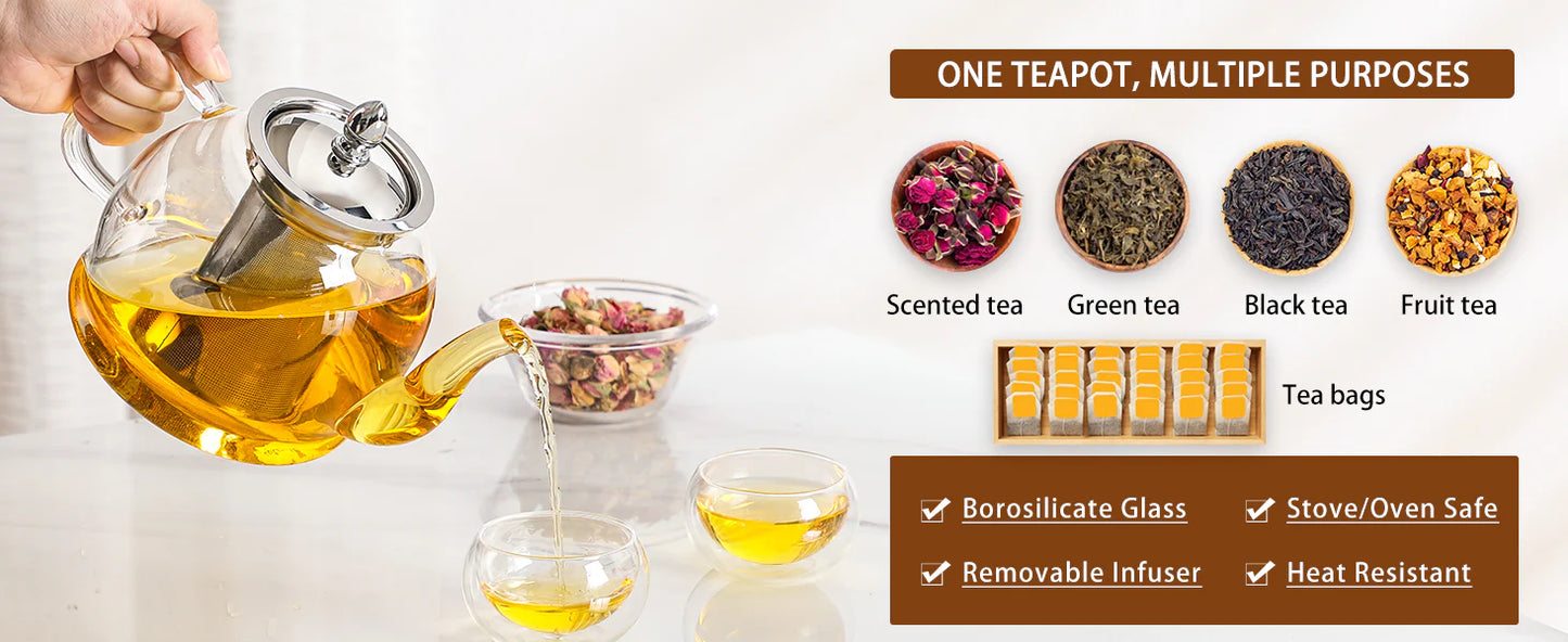 Luxora Blooming And Loose Leaf 1000ml Glass Teapot With Removable Infuser