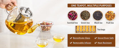 Luxora Blooming And Loose Leaf 1000ml Glass Teapot With Removable Infuser