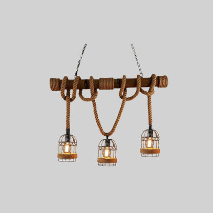 Royaleva Retro Hanging Lamp with Hemp Rope, Bamboo & Iron Cage Design