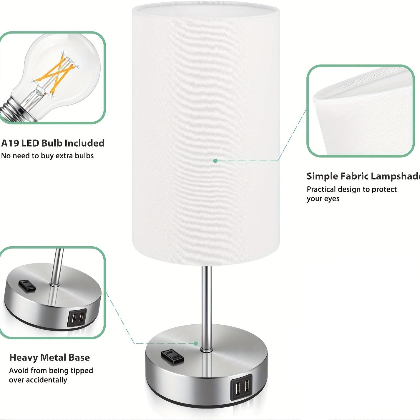 Bed Side Charging Lamp - Touch Control, USB Charging & AC Outlet, Dimmable - Silvery