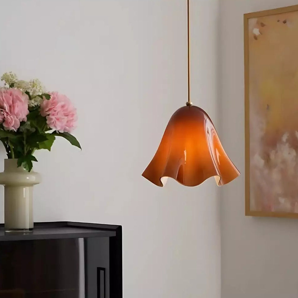Rayvia Glass Flower Pendant Light, Adjustable French Retro Modern Hanging Lamp