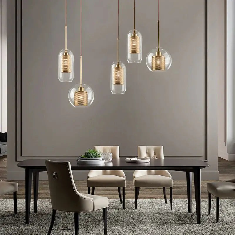 LuxRoyale Double-Layer Glass Pendant Light With Inner Mesh Core and Outer Glass Shade
